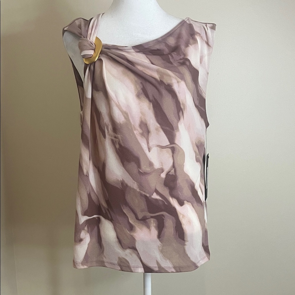 Donna Karan Women’s Marble Print Sleeveless Blouse Brown, Pink, Cream Size L NWT